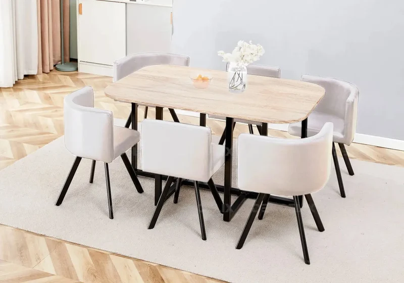 Ensemble table chêne et 6 chaises beige - Space