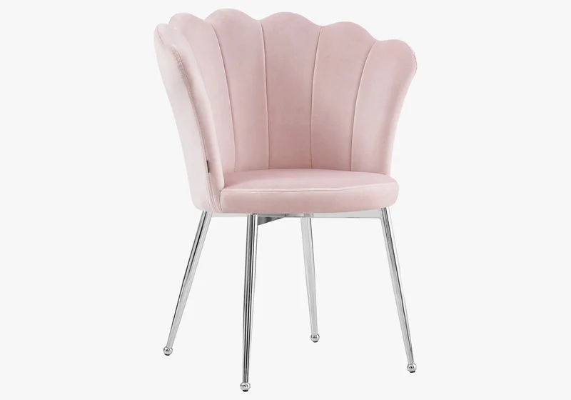 Chaise de table coquillage velours rose pieds argent - Nymea x2
