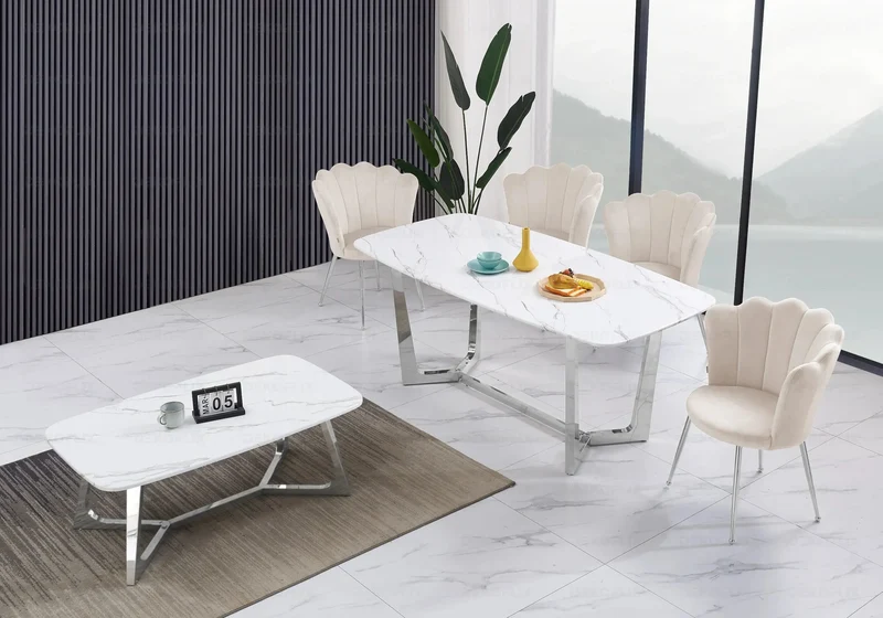 Ensemble salle à manger marbre blanc argent – Gaya