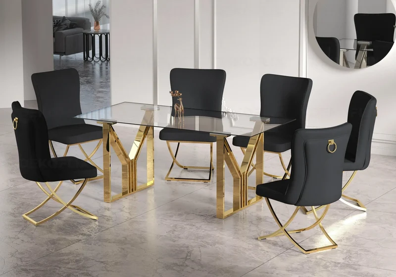Table et chaises salle à manger dorées noires - Uris
