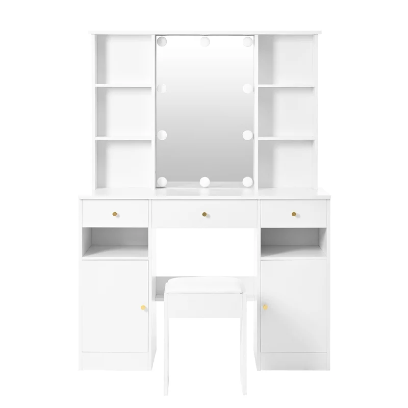 Coiffeuse blanc éclairage LED avec miroir et tabouret, 3 tiroirs, 2 portes 110x40x151cm VIGOURLN