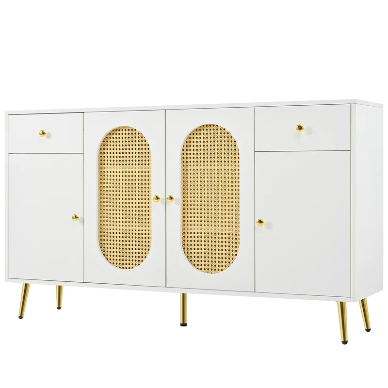 Buffet blanc rotin 2 tiroirs 4 portes 140x35x82cm HALOORA