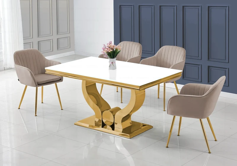 Ensemble table verre blanc et chaises dorés – Omega
