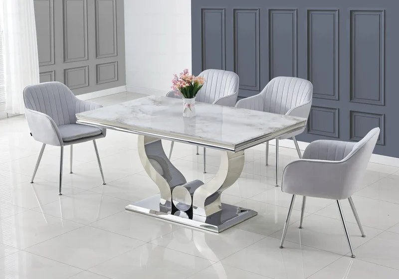 Ensemble table marbre beige et chaises argent – Omega