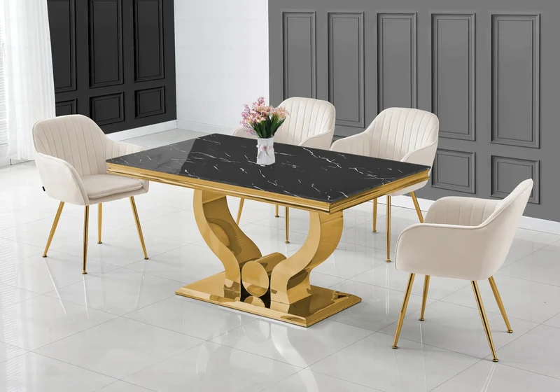 Ensemble table marbre noir et chaises dorés – Omega