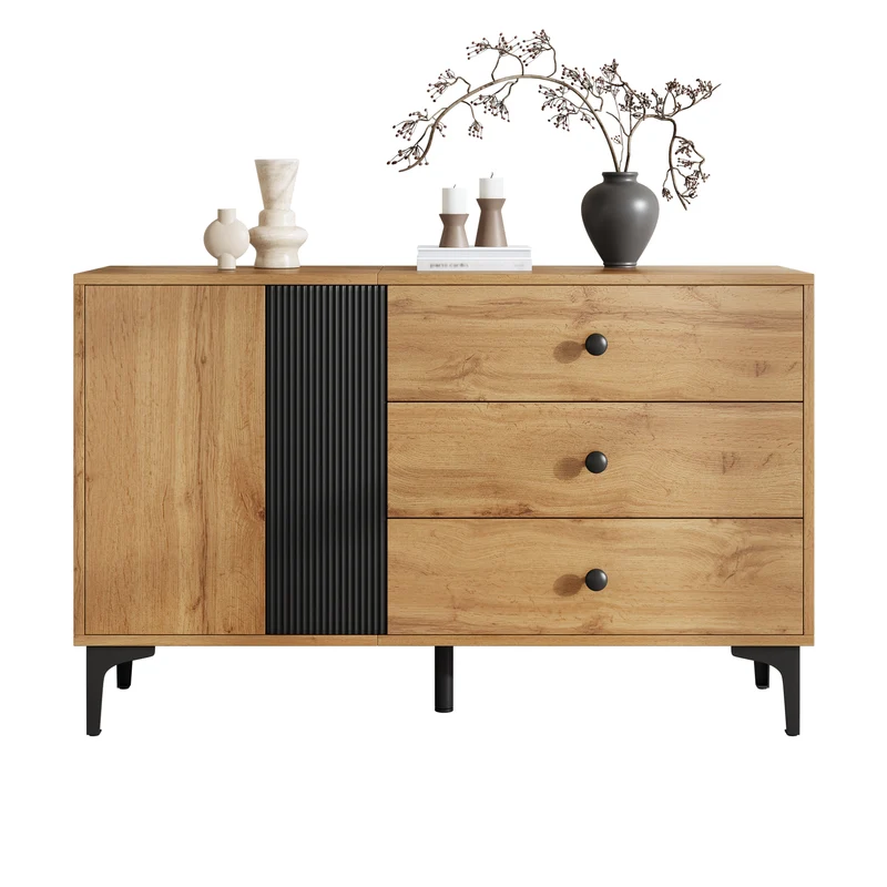 Buffet effet bois et noir avec rangements, pieds métal noir 120x35x76cm VIVIDICA