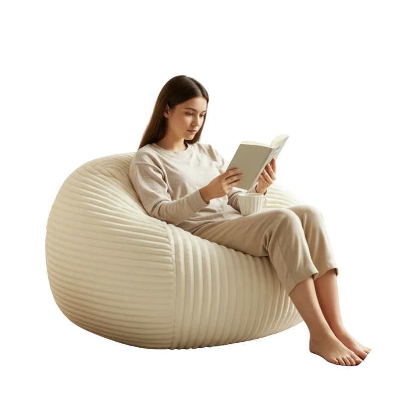 Fauteuil pouf rond en flanelle velours côtelé ultra doux crème 34x34x24cm ECHOITA