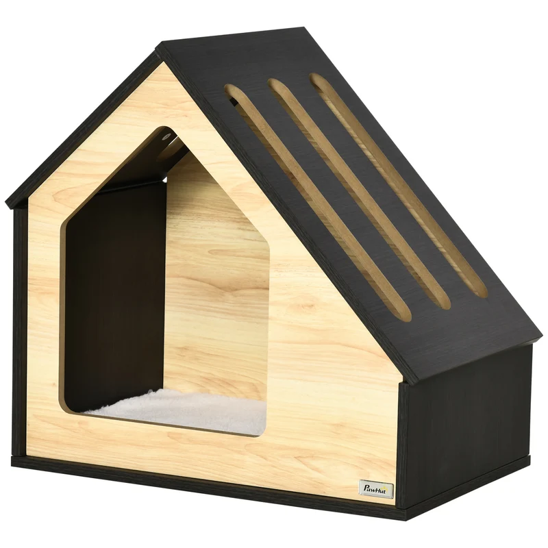 Niche pour chien en bois avec coussin doux, intérieur, marron, chiens jusqu’à 8kg, facile à nettoyer 60x40x59,2cm Skyvine
