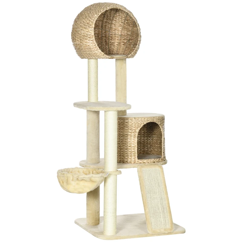 Arbre à chat avec maisonnette en rotin, peluche beige, hamac, rampe, protection anti-basculement, jusqu'à 5 kg, 60x60x150 cm Duskwillow