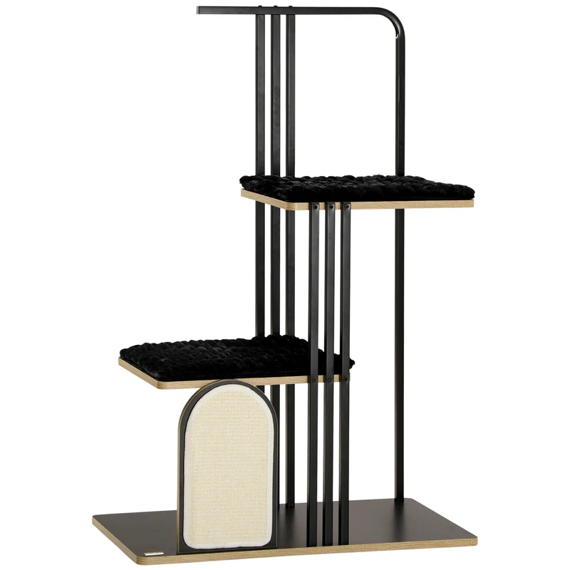 Arbre à chat 128cm noir, design industriel, coussins doux, griffoir sisal, structure acier robuste, 2 plateformes, idéal pour 2 chats, style moderne SKYBLOSSOM
