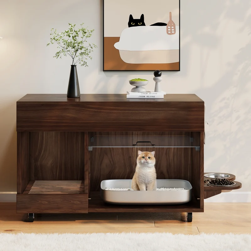 Armoire cache-litière chat noyer, roulettes, plateau attrape-sable, gamelles incluses 100x45,5x67cm SETA