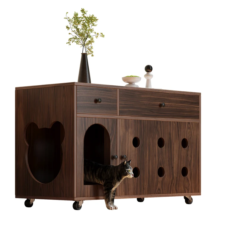 Meuble cache-litière polyvalent pour chat couleur bois noyer 100×45×66 cm CROZIER