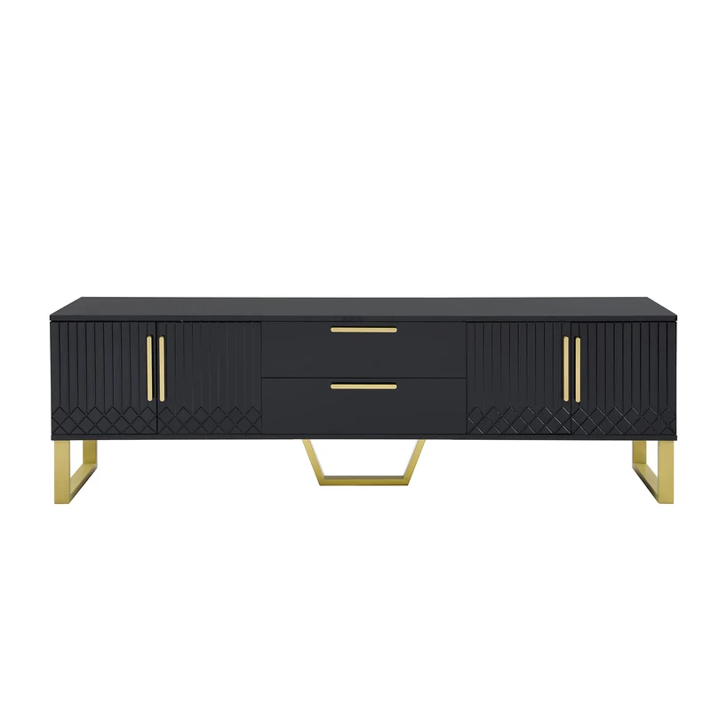 Meuble TV brillant noir 4 portes et accents dorés 170x40x53,5cm TRANSSAHAR