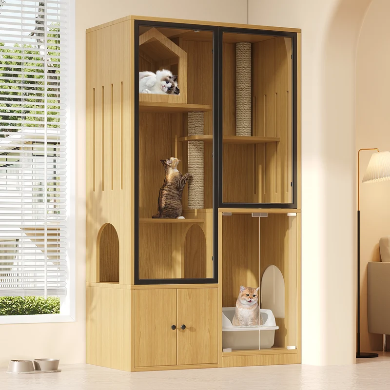 Meuble maison chat en verre et MDF bois naturel, 4 niveaux, avec griffoir 90x50x160cm AERIALROOT