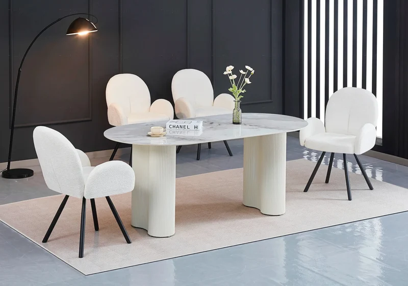 Table marbre céramique et chaises velours écru - Baya