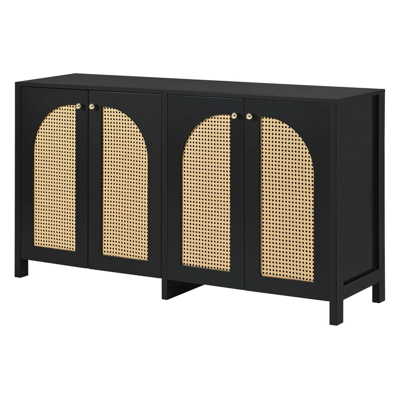 Buffet vintage noir 4 portes en rotin courbées UNNEL