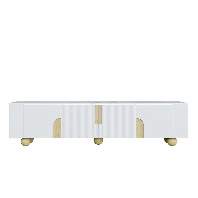 Meuble TV blanc effet marbre blanc et bois avec portes rainurées, pieds sphériques 180*40cm STERGU