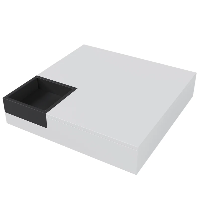 Table basse carrée blanc brillant noir bicolore éclairage LED avec boîte de rangement amovible CROKS WHITE