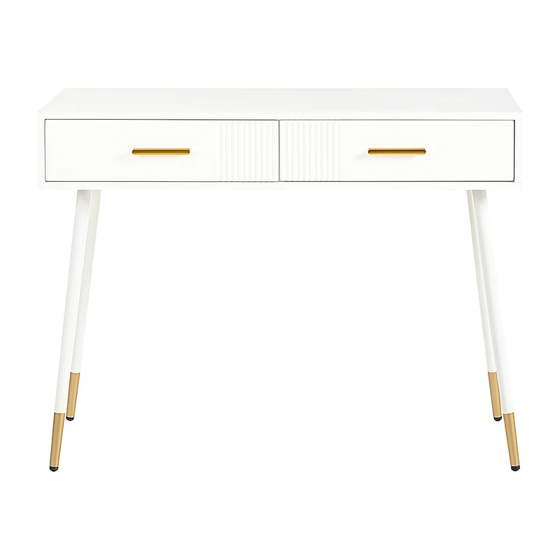 Coiffeuse moderne blanche avec 2 tiroirs, pieds en métal doré 100x40x76 cm MYSTERET