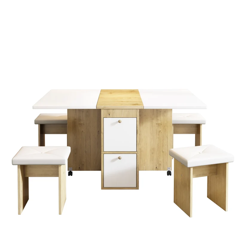 Ensemble table et 4 chaises de salle à manger effet chêne blanc noir pliable et rétractable KONQRILS WHITE