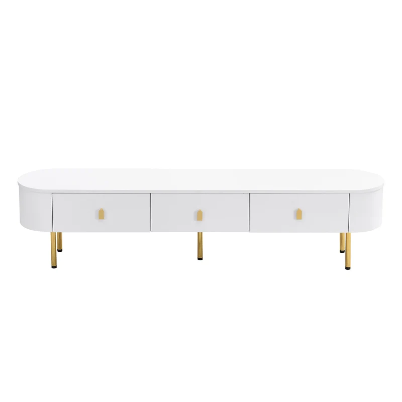 Meuble TV blanc ovale 3 tiroirs poignées et pieds dorés 174*35cm TENQOIN