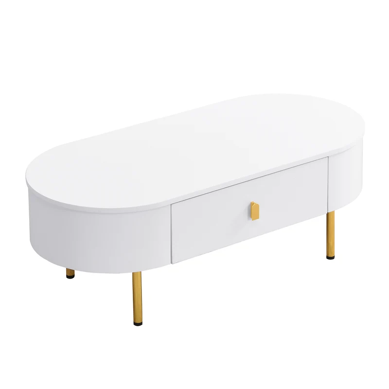 Table basse ovale blanche avec tiroirs et pieds dorés KRAUVVEX