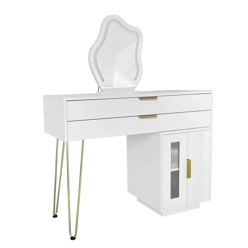 Coiffeuse blanche luxueuse avec miroir ondulé à LED et pieds dorés VERIEN