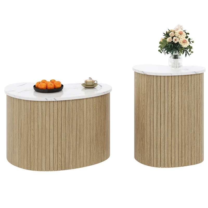Ensemble de 2 tables basses gigognes effet marbre blanc et bois nature FJORDUS