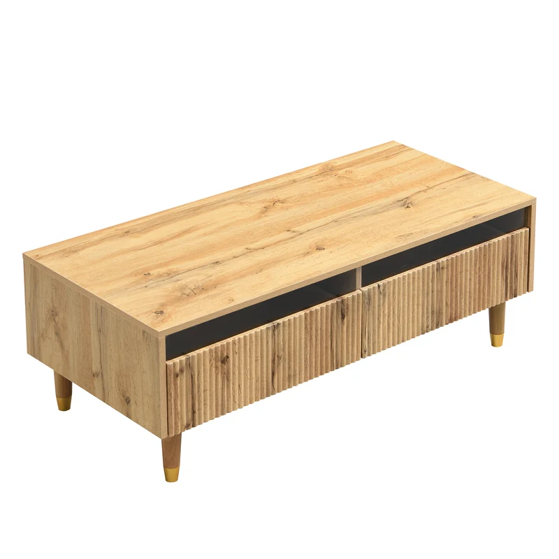 Table basse moderne effet bois façade ondulée éclairage LED 2 tiroirs PEAKGLADE