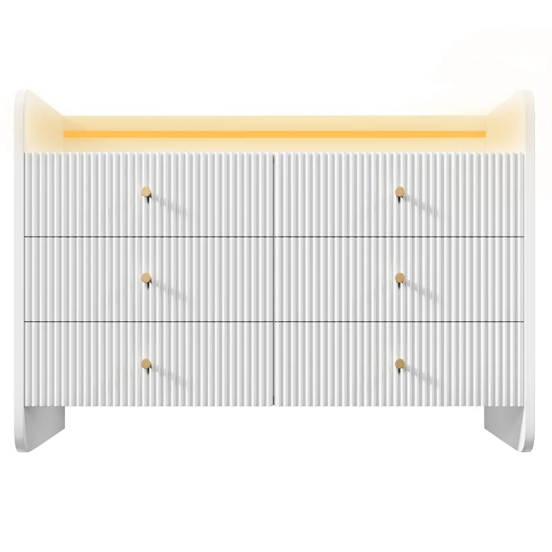 Commode blanc motif cannelé 6 tiroirs avec éclairage LED poignées dorées TRAGVAX