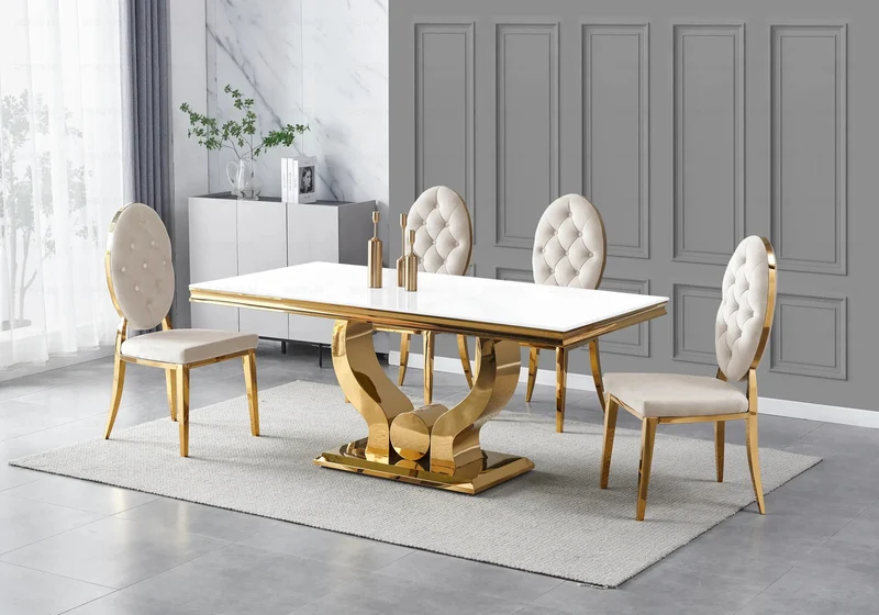 Table verre blanc et 4 chaises capitonnées doré – Omega