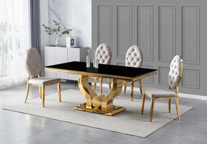 Table verre noir et 4 chaises capitonnées doré – Omega
