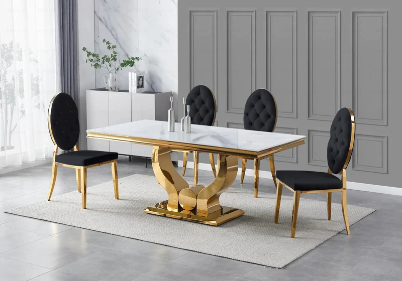 Table marbre blanc et 4 chaises capitonnées doré – Omega