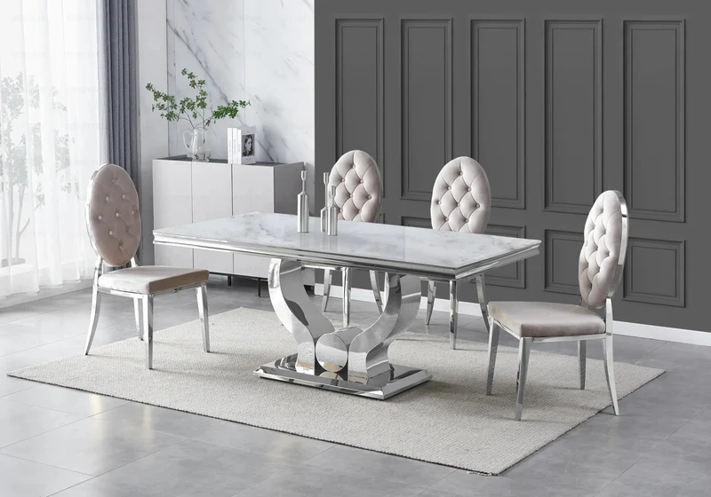 Table marbre beige et 4 chaises capitonnées argent – Omega