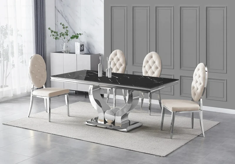 Table marbre noir et 4 chaises capitonnées argent – Omega