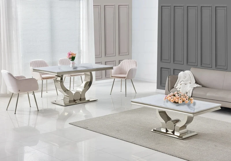 Salle à manger complète marbre blanc argent – Omega