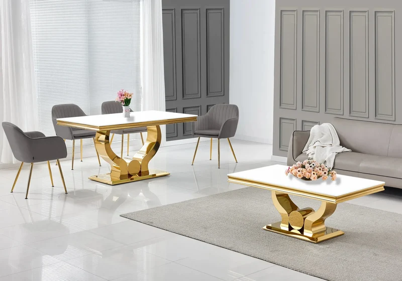 Salle à manger complète verre blanc doré – Omega