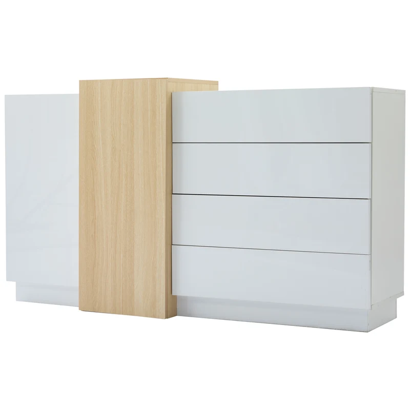 Buffet blanc brillant effet bois 4 tiroirs et 2 portes 140*35*81cm GREXEDS