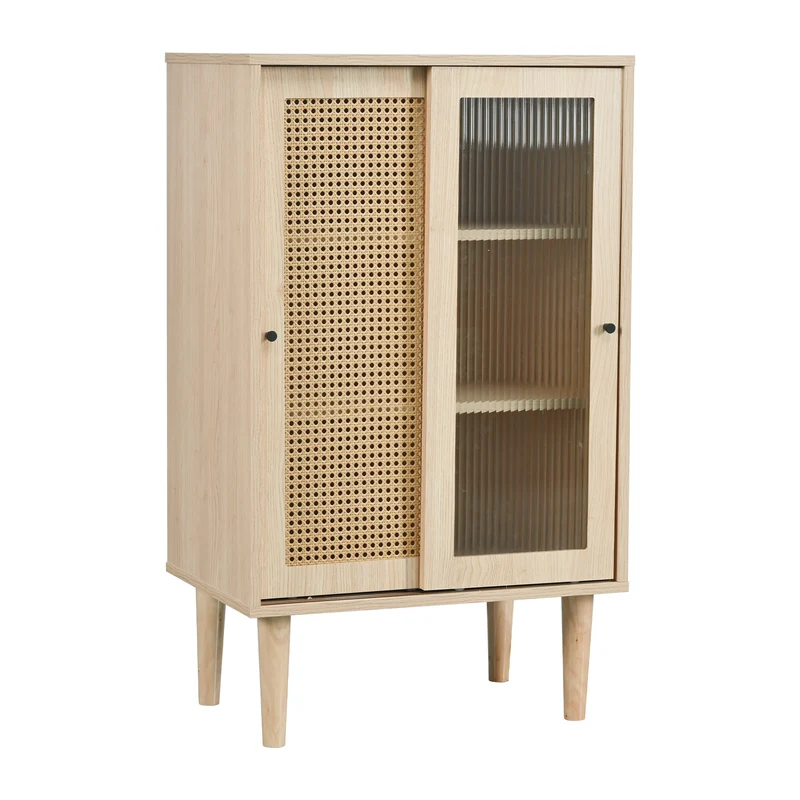 Buffet effet bois avec portes en rotin et portes coulissantes en verre BAMPHUDS