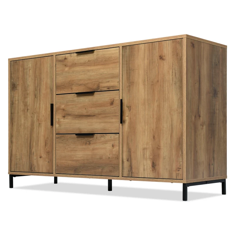 Buffet effet bois chêne foncé style industriel 2 portes 3 tiroirs 120x40x76cm OMNAERS