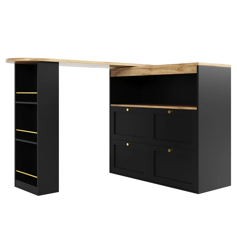 Table de bar modulable noir et bois pivotante avec étagères et tiroirs ILTAILL