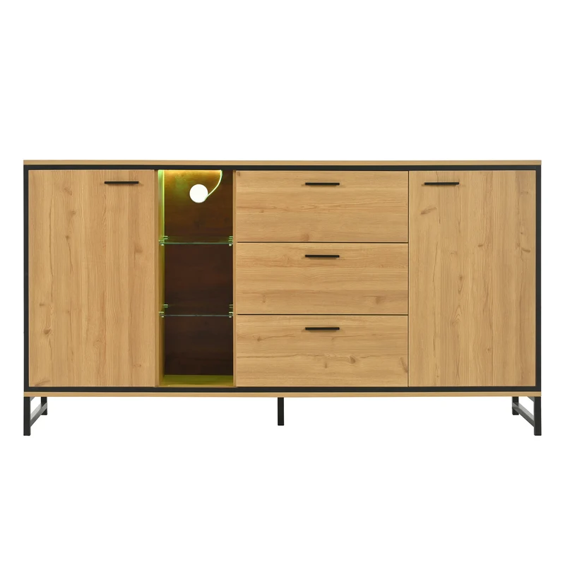 Buffet effet bois et noir 3 tiroirs, 3 niches et 2 portes avec éclairage LED UVAT