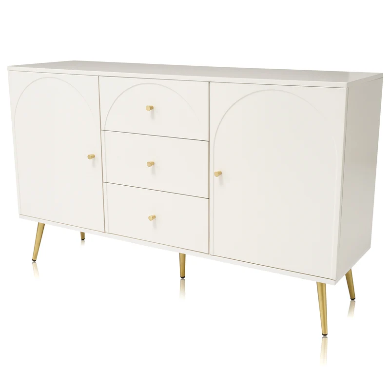 Buffet blanc crème 2 portes et 3 tiroirs poignés et pieds dorés H84/L140/P40cm SENPHOS