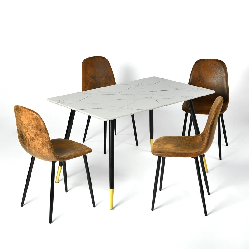 Ensemble table blanche effet marbre et 4 chaises scandinaves rétros WHALEN MARBLE TABLE BG+CHARLTON SUEDE BROWN S FRXZ