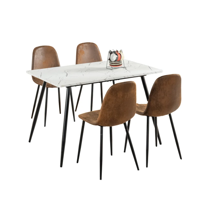 Ensemble table blanche effet marbre et 4 chaises scandinaves rétros marrons WHALEN WHITE MARBLE TABLE 120 KD + CHARLTON SUEDE BROWN S