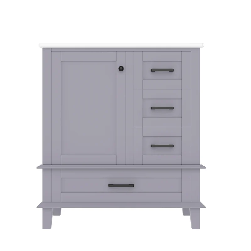 Meuble vasque gris laqué sur pied 76x46x83,5cm, vasque en céramique, porte et 3 tiroirs silencieux (robinet non inclus) GLUCOSE