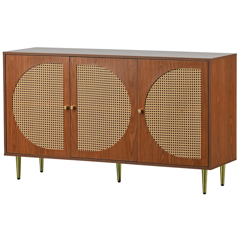 Buffet effet bois noyer avec 3 portes en rotin poignées pieds dorés 129,8x40x76cm OMOILL