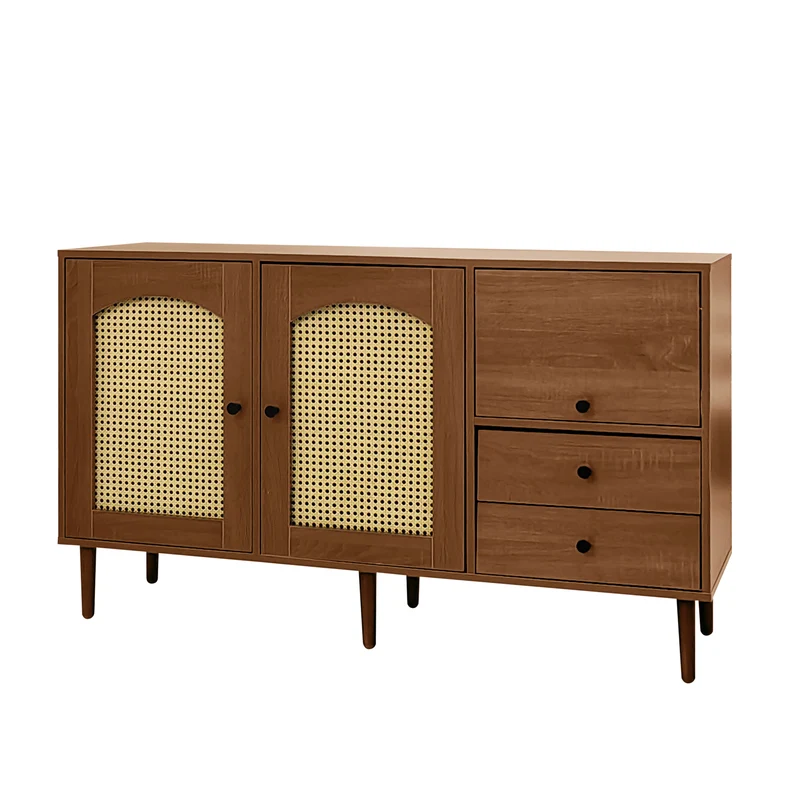Buffet vintage effet bois avec portes en rotin 2 portes 2 tiroirs 130x75,5x40cm CROLZOI