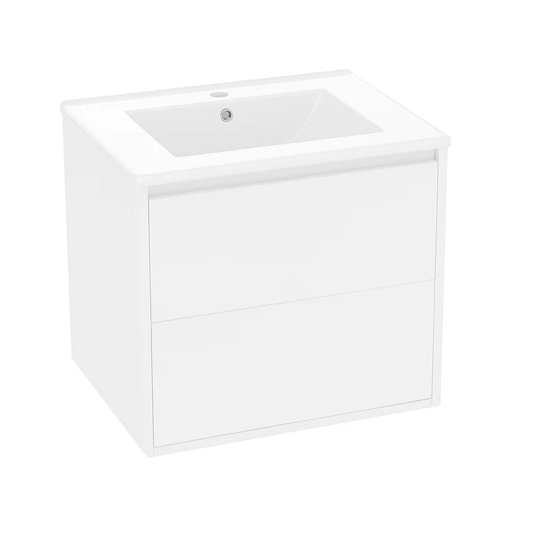Meuble vasque blanc laqué suspendu 60x46x50cm, 2 tiroirs silencieux et éclairage LED à capteur radar (robinet non inclus) COENZYM