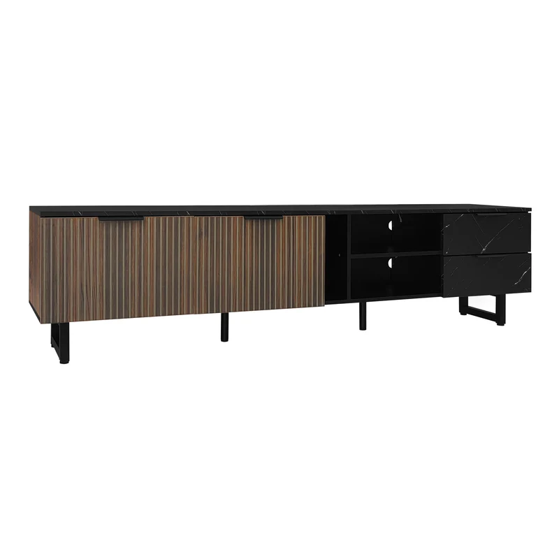 Meuble TV noir effet marbre noir éclairage LED 2 portes et 2 tiroirs VRENKAEN
